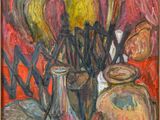 a painting of a vase with flowers in it on a table
