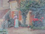un tableau représentant une femme debout devant une maison