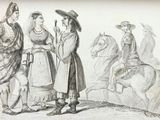 un dessin représentant un homme et une femme debout à côté d'un homme à cheval