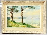 painting of two trees on a hill overlooking the ocean