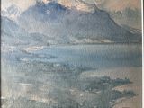 a watercolor painting of a mountain range with a lake in the foreground