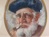 painting of an old man with a blue hat and a pipe