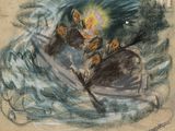 drawing of a man in a boat with a light on his head