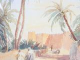 a painting of a man and woman walking down the street