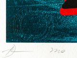 a picture of a red and black umbrella in the water