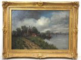 une image d'une peinture représentant une scène de rivière avec un bateau dans l'eau