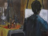 a painting of a man sitting in front of a painting easel