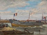 a painting of a boat in the water with people on it