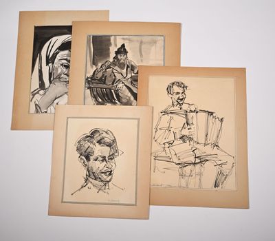 four framed drawings of a man and a woman sitting in a chair