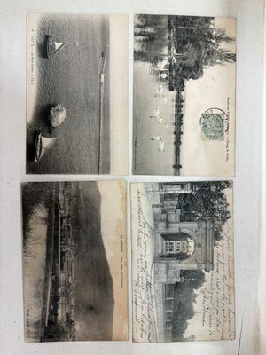 plusieurs photos en noir et blanc d'un bâtiment et d'un arbre