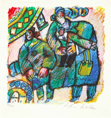tableau représentant un homme à cheval avec une femme à ses côtés