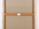 a painting of a brown frame with a white label on it