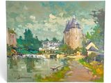 une reproduction d'un tableau représentant un château au bord de l'eau