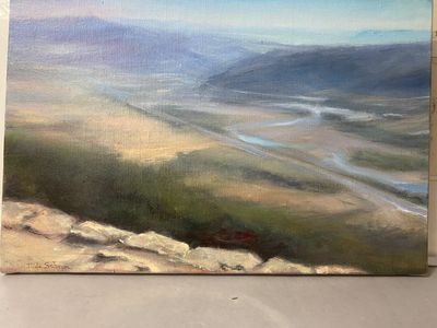an oil painting of a landscape with a river and mountains in the distance