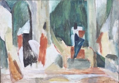 un tableau représentant un homme assis sur un banc dans les bois