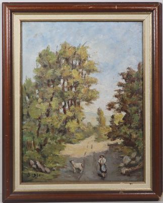 an oil painting of a man and a woman walking down a dirt road
