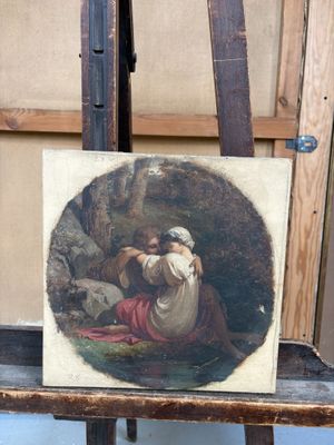 tableau sur chevalet représentant un homme et une femme dans un paysage