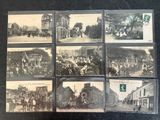 several old black and white photographs of people and horses in a town