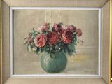 a painting of flowers in a vase on a table