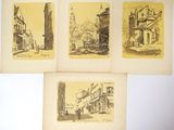 four drawings of old buildings and a clock tower in a city