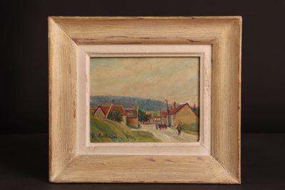 peinture à l'huile d'une scène de village avec une voiture à cheval