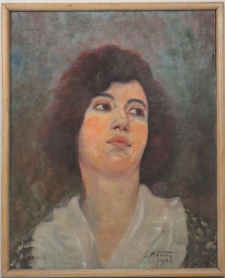 painting of a woman in a white shirt looking up at the sky