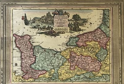 une vieille carte de l'Angleterre avec l'image d'un château en arrière-plan