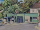 une peinture représentant un bâtiment écologique au coin d'une rue