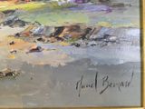 an oil painting of a beach scene with rocks and water