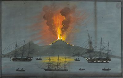 une image représentant un tableau montrant des navires sur un plan d'eau, avec un volcan en arrière-plan