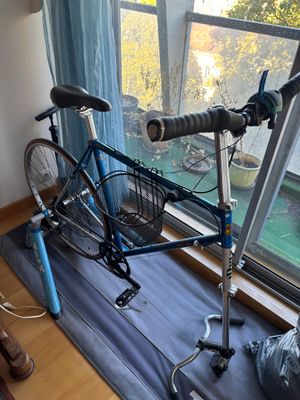 un vélo posé sur un tapis devant une fenêtre