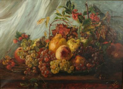 tableau représentant une corbeille de fruits posée sur une table, avec un rideau en arrière-plan