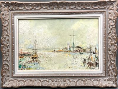 Ecole XXe, Vue de port, Huile sur panneau, signature illisib…