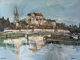 peinture représentant une peinture d'un bâtiment et d'un pont enjambant une rivière
