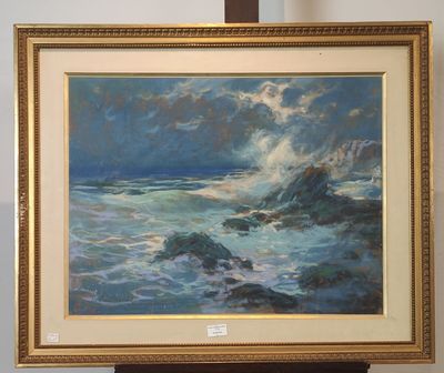 une peinture à l'huile représentant un tableau où l'on voit des vagues déferler sur la plage