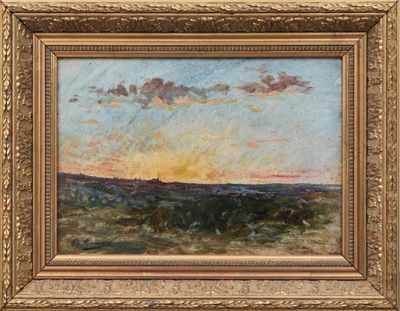 a painting of a landscape with a sunset in the distance