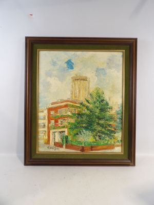une peinture à l'huile représentant un bâtiment avec une tour horloge en arrière-plan