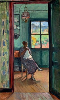 un tableau représentant une femme assise sur une chaise dans une pièce