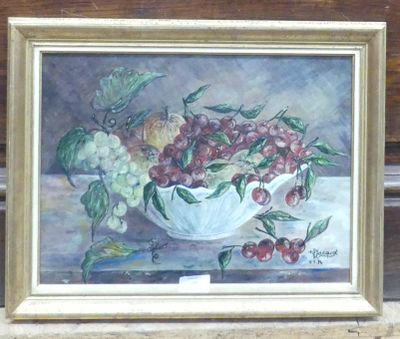 a painting of a bowl of cherries and grapes on a table