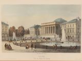 painting of a large building with a fountain in front of it