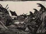 un dessin en noir et blanc représentant un village avec un moulin à vent en arrière-plan