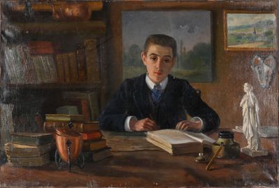 painting of a young man sitting at a desk with a book