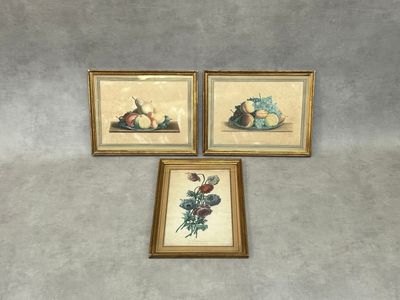trois tableaux encadrés représentant des fruits et des fleurs sur fond gris