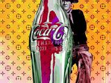 painting of a man standing next to a coca bottle with a cowboy on it
