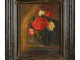 une peinture à l'huile représentant des roses dans un vase posé sur une table