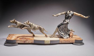 statue of a woman and two dogs running on a marble base