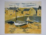 a picture of a painting of boats on the beach