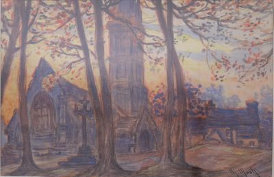 a painting of a church in the middle of the woods