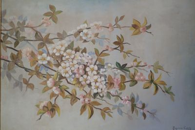 peinture représentant un tableau d'un arbre aux fleurs blanches et aux feuilles vertes