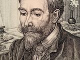 drawing of a man with a beard sitting in front of a desk